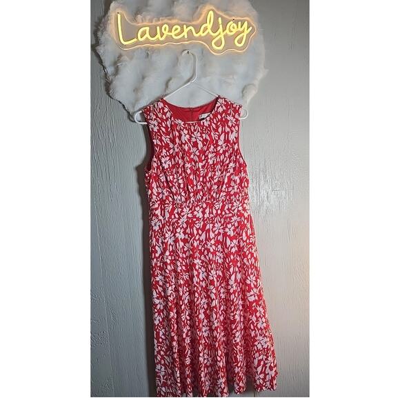 London Times Midi Red Dress 12P Rouched Floral Cottage Coquette Feminine - Picture 1 of 6